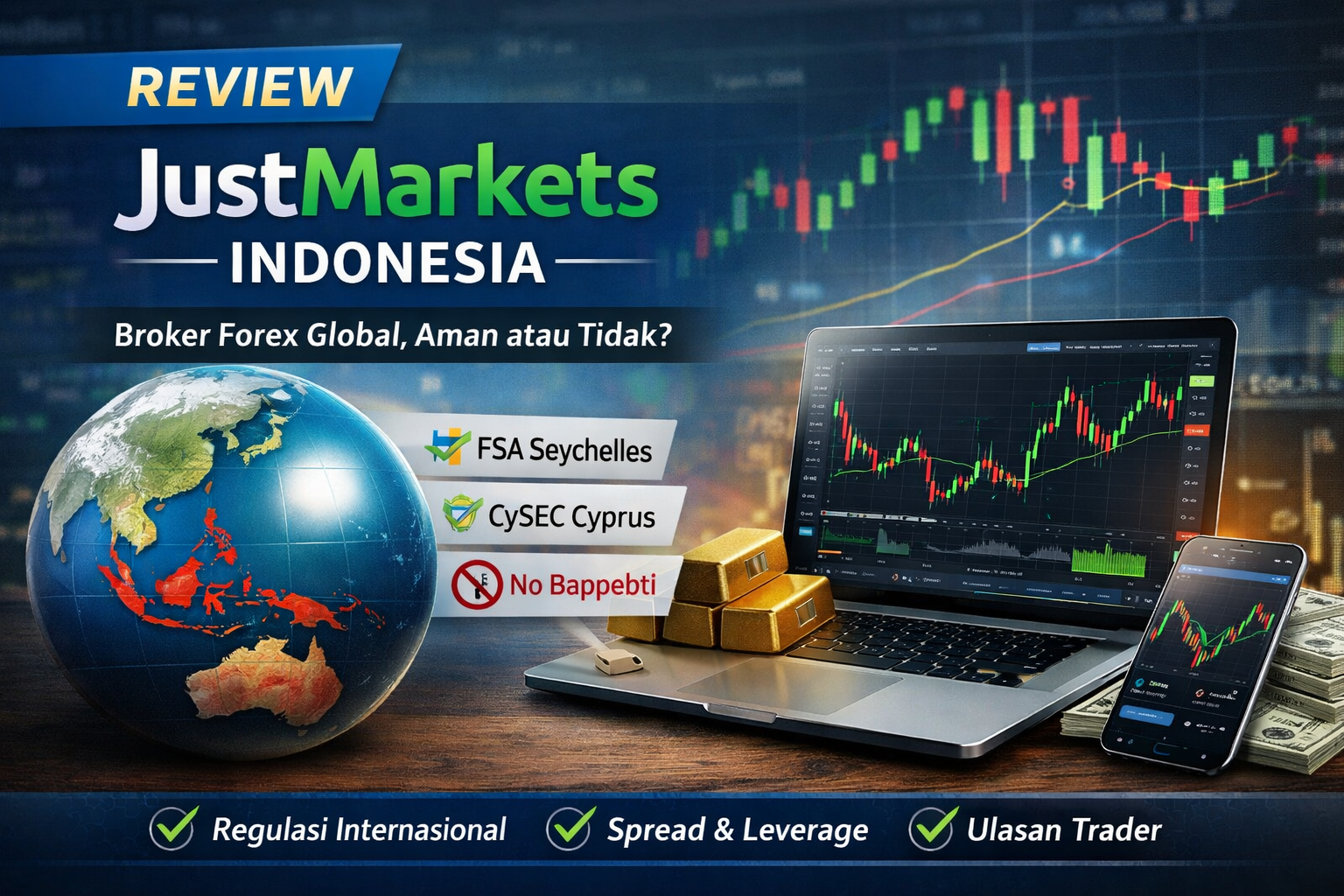 Tampilan review broker JustMarkets Indonesia dengan grafik trading dan informasi legalitas