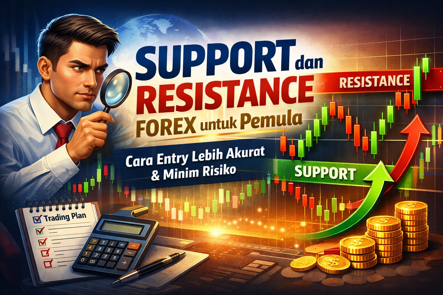 Gambar konsep support resistance forex lengkap dengan candlestick dan zona harga penting